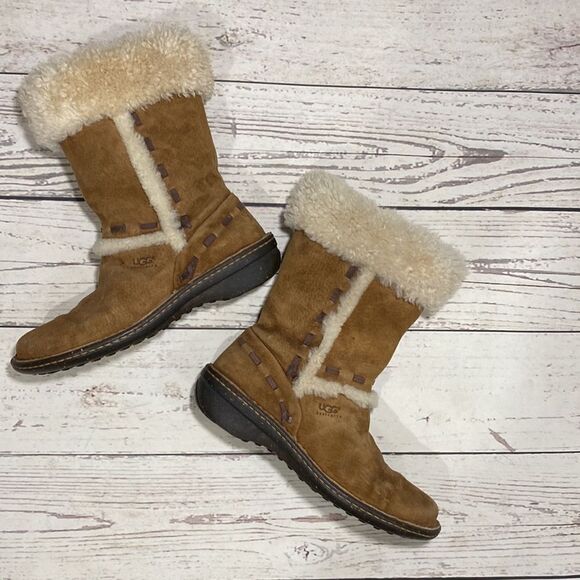 Ugg Australia Elijo Chestnut Brown Suede Winter Fur Cuff Boots #5674 - Picture 6 of 15